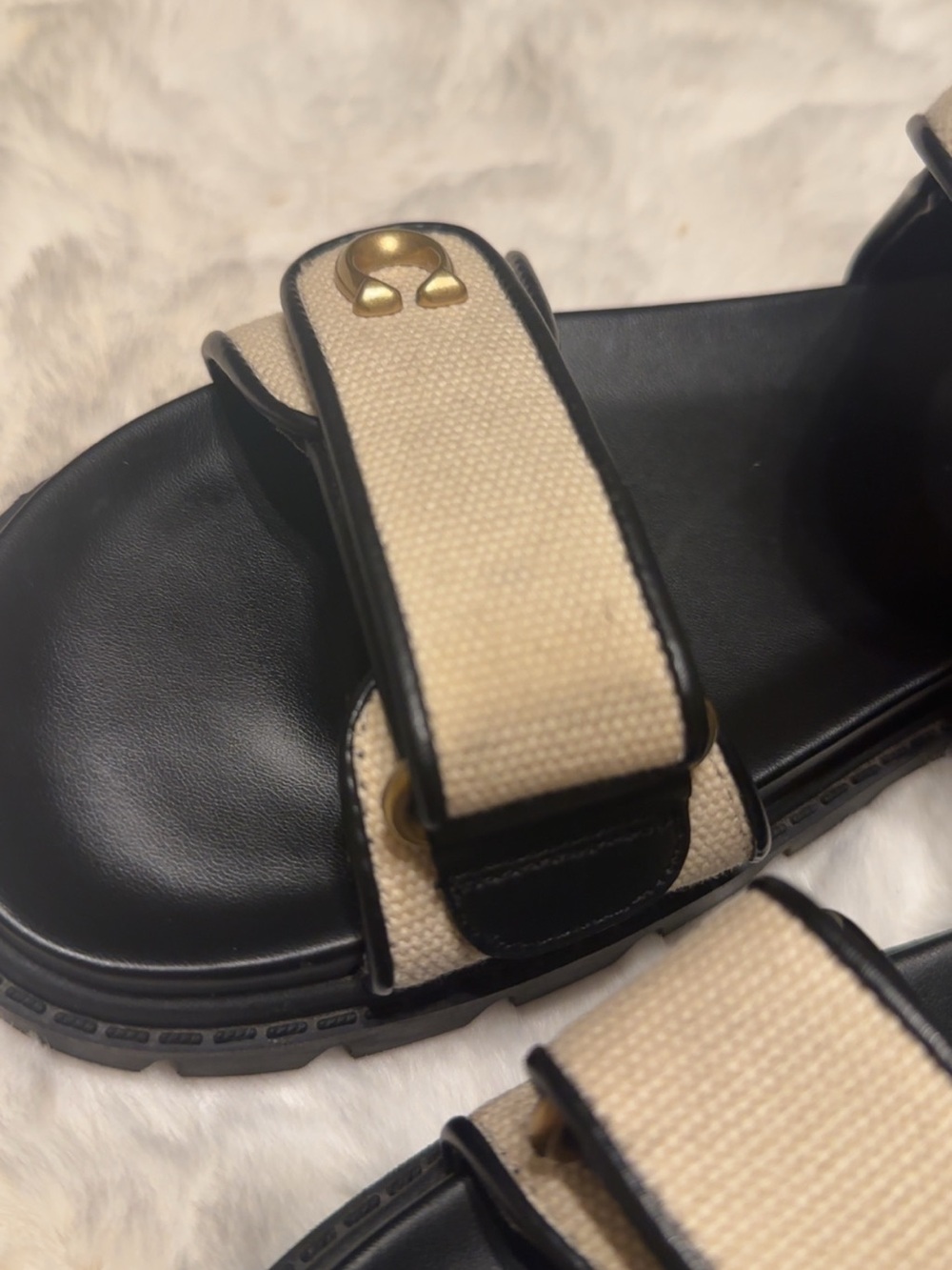Coach Beige Canvas and Black Leather Strap Sandals with Gold Hardware - Picture 6 of 10